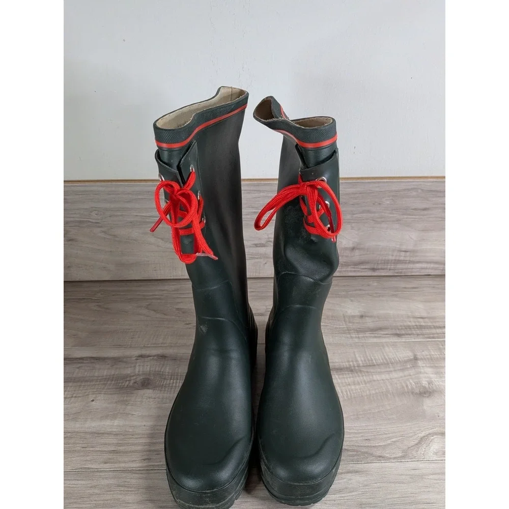 Tretorn Rain Rubber Boots Tall Calf Green Red Laces Women Size 8 ( 39 )